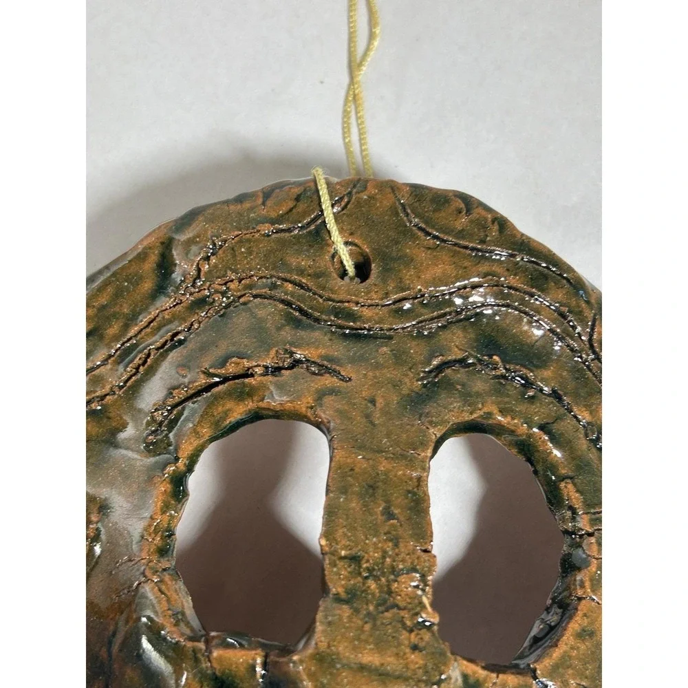 Vintage Clay Face Folk Art Ornament Hang Signed  Peter Artist Decor Collectible